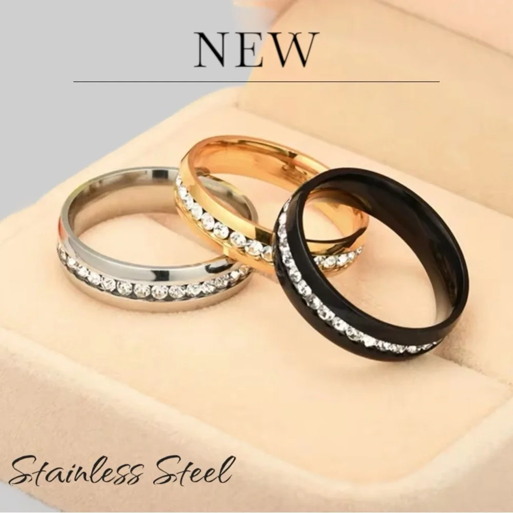 New Stainless Steel Unisex Engagement Ring Black or Gold Band CZ Row Inlay - Picture 8 of 9
